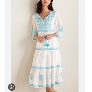 Soft Surroundings Juniper Women's Embroidered Maxi Dress‎ White Blue Boho Small